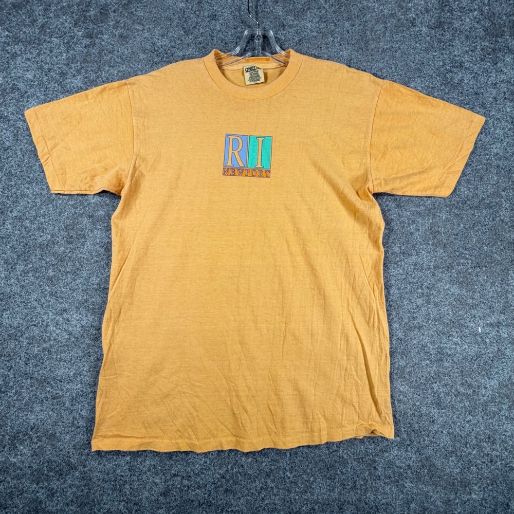 Vintage Oneita Newport RI T Shirt Mens L Orange Block Logo 90s Rhode Island